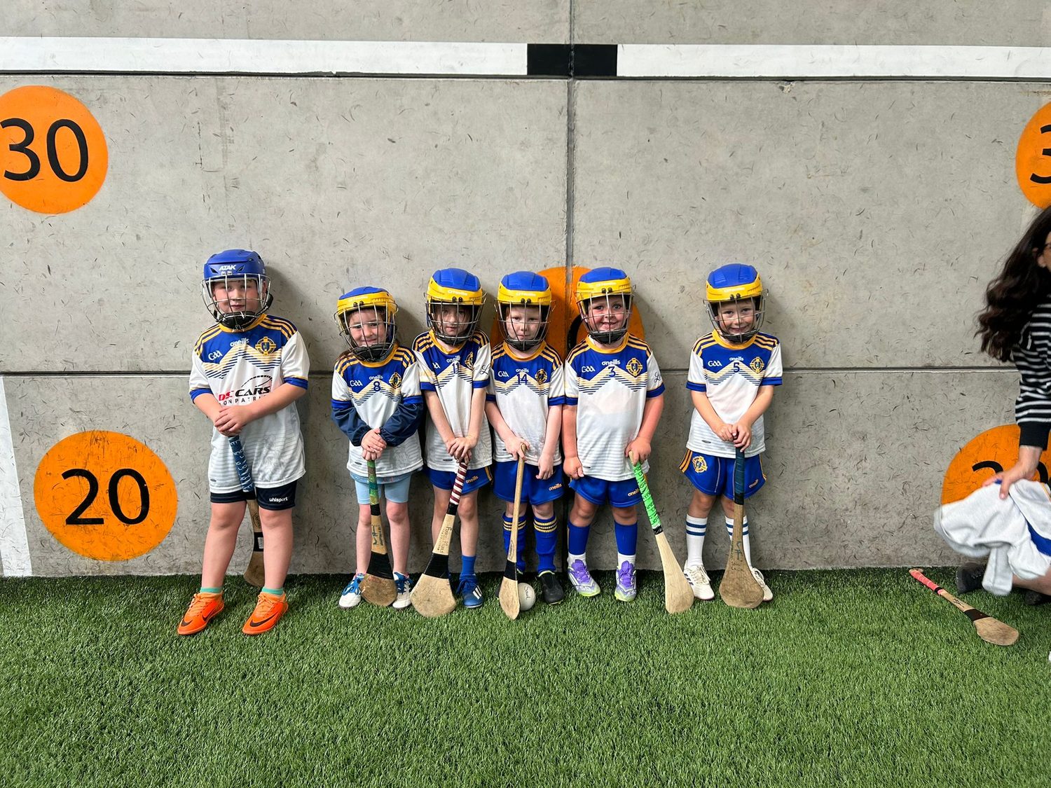Six young hurlers lined up against the wall of the indoor 3G arena with their hurls